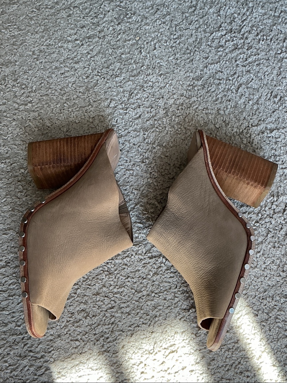 Studded Tan Leather Open-Back Mule Heels